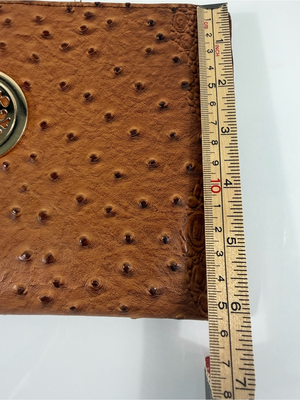 Brown Ostrich Croc Embossed Wristlet Clutch with Gold-Tone Medallion - Picture 6 of 7